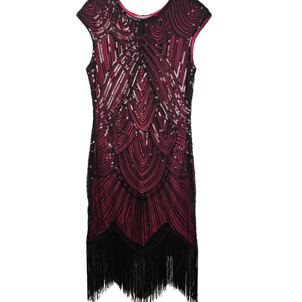 FUNDAISY Sequin Fringe Flapper Gatsby Dress Women XL Fuchsia Black Party Retro